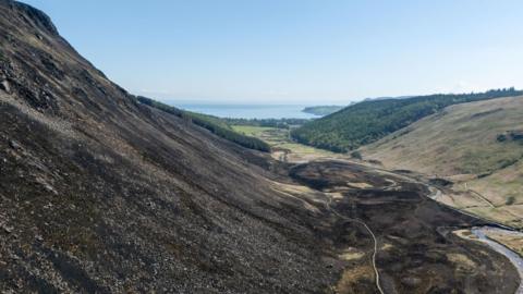 A photo showing the Glen Rosa valley. One side of the valley is blackened with ash-like remain of trees. The other is a green hillside.