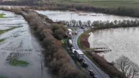 Traffic building up on a road following Storm Chandra.