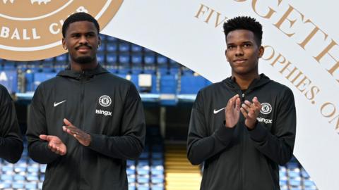 Jorrel Hato and Estevao Willian being unveiled as new signings to a small audience at a pre-season event at Stamford Bridge