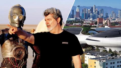 Split image of George Lucas (left) and An aerial view of the Lucas Museum of Narrative Art which opens in September (right) 