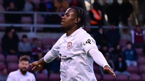 Barnsley forward Reyes Cleary celebrates his goal against Northampton Town