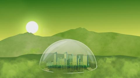 Illustration of a city under a glass dome within a green coloured landscape