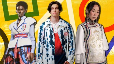 Split image with different opening ceremony outfits from across the world - countries represented in the image are Haiti, Czech, and Mongolia.