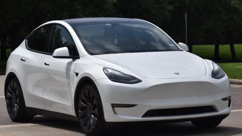Close up of white Tesla parked near a green park.