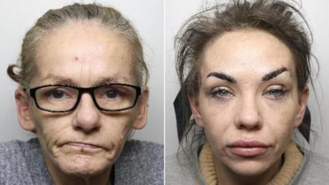 Two mugshots side by side. On the left is an older looking woman with narrow black glasses, a grey cardigan and greying hair tied up. On the right is a woman with brown hair tied up with a ribbon which is visible from the front. She has thin dark eyebrows and blue eyes, and has lip filler.