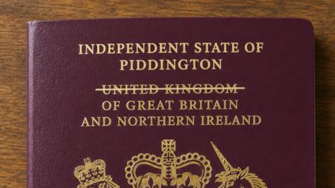 A maroon British passport with the UK crossed out and 'Independent State of Piddington' written on it.