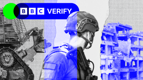 A soldier faces away from the camera imposed over a destroyed building and a bulldozer. 