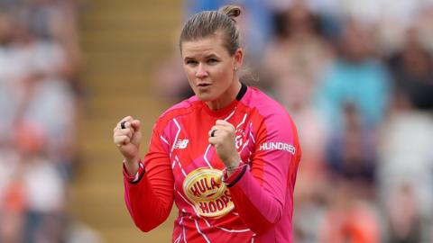 Welsh Fire all-rounder Jess Jonassen celebrates taking a wicket