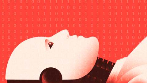 A robot lying on its back and staring up with a background of binary code
