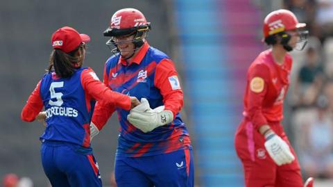 Lizelle Lee and Jemimah Rodrigues celebrate a wicket