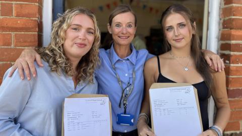 Amelie Procter, Sam Alvarez, and eve kyprianou-Hickman who are going to Bristol and Oxford. The two students are standing either side of their teacher in front of a brick wall, both have long blonde hair while one is wearing a blue shirt and the other a strappy black top.  They are both holding their results. The teacher is wearing a blue shirt and has a lanyard around her neck