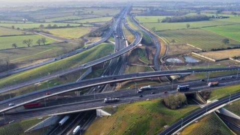 Aerial shot of the Catthorpe interchange in Leicestershire