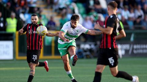 New Saints' Jordan Williams in action against Shkendija
