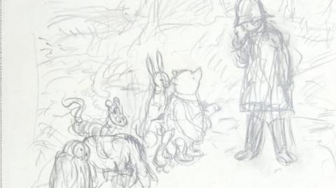 A pencil sketch of Christopher Robin, Pooh bear, Roo, Owl, Tigger and Rabbit