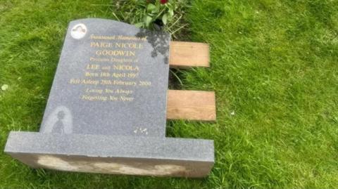 Grave laying face upward with inscription, placed on planks of wood over burial with grass behind.
