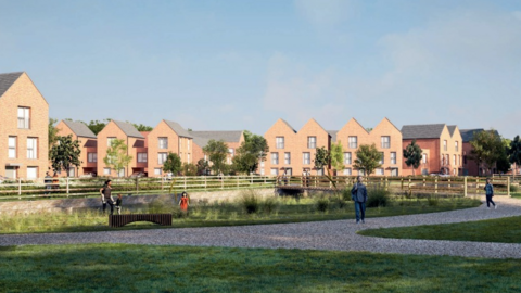 The artist's impression shows new houses surrounding a central, green space with a partial fence and gravel pathways leading away from it. People are walking on the path and some small trees are also dotted about and the sun is shining.