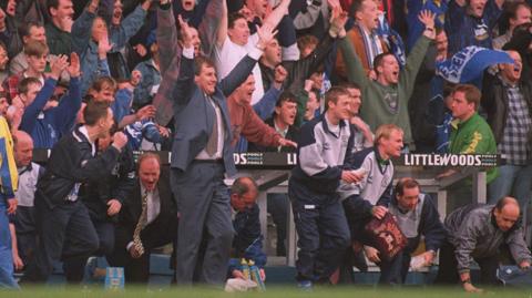 Joe Royle celebrates a goal during Everton's FA Cup semi-final win over Tottenham in 1995