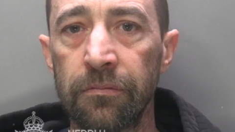Mugshot of a man with a bald head and beard