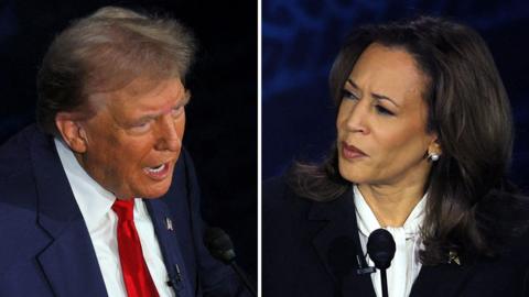 A close up of Donald Trump and Kamala Harris, debating in a TV studio