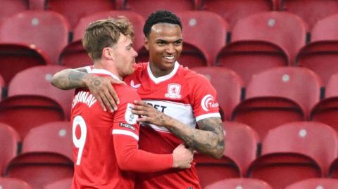 Morgan Whittaker of Middlesbrough celebrates his goal with team-mate Tommy Conway