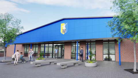 A CGI view of the entrance to a building containing a new sports pitch