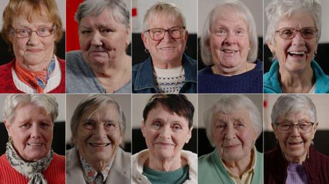 There are 10 head shots of the 10 surviving players who were filmed for the documentary,. The women, aged from 70 to 90, are all smiling at the camera.