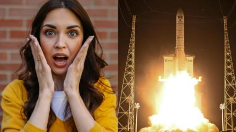 Montage: Woman in yellow top holding her hands up to her face in suprise - She has dark wavy brown hair. A picture of a rocket being launched into space at night, with smoke coming out at the end