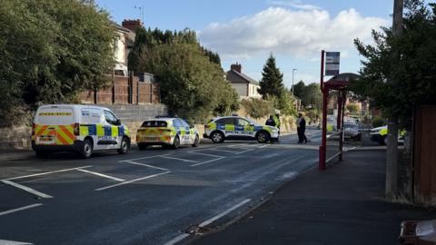 A trio of police vehicles parked on a suburban roadside. Up ahead, officers can be seen standing in the road.