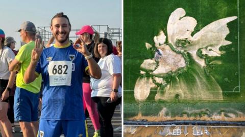 Graham Stacey, left, and an aerial view of the damaged Plough Lane pitch, right