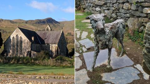 A stone church is pictured in front of a mountainous landscape. A picture of dog Gelert's memorial grave