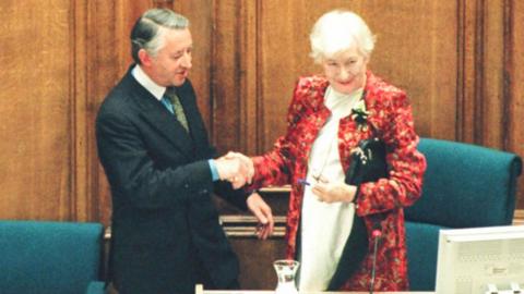 Sir David Steel and Winnie Ewing at the opening of the parliament in 1999