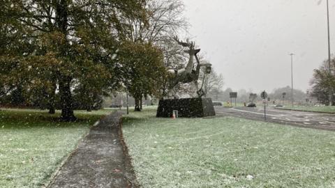 The stag statue on the University of Surrey campus, on a plinth in front of a tree, is seen through falling snow, with some snow beginning to lay on the grass around it.