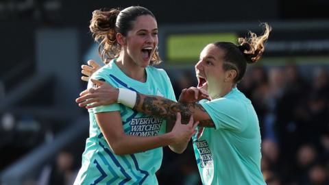 Freya Godfrey of London City Lionesses celebrates with teammate Elena Linari after scoring her team's first goal