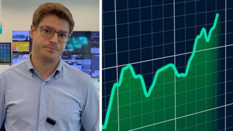 A composite image of Nick Marsh and a climbing green graph