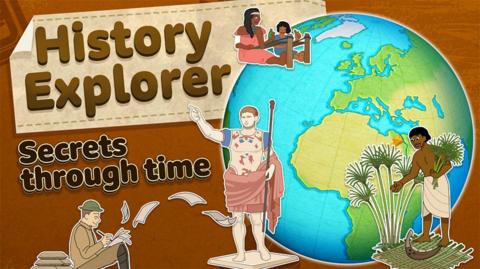 History Explorer: Secrets Through Time game cover image: earth globe with Ancient Egyptian, Maya Civilisation and World World I characters.