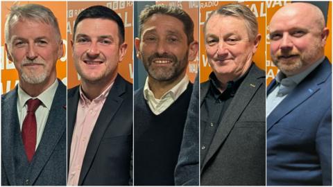 Labour's Huw Irranca Davies, Conservatives' James Evans, Lib Dems' Rodney Berman, Greens' Anthony Slaughter and Mabon ap Gwynfor from Plaid Cymru