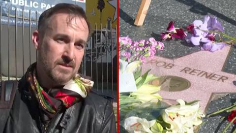 Splitscreen. Left, a man dressed in a black jacket and scarf. Right, Reiner's walk of fame star adorned with flowers.