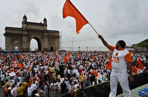 MVA party workers gathered at Gateway Of India, during the protest march from Hutatma Chowk to Gateway of India for Chhatrapati Shivaji Maharaj Statue Collapse, on September 1, 2024 in Mumbai, India.