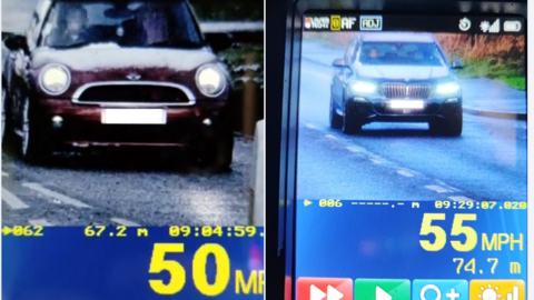 A picture of two speed cameras. On either side of the image there is a car. On the left image, the car has 50MPH below it. On the right image, below it says 55 MPH.