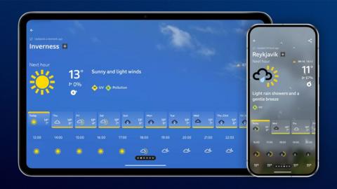 A mobile phone and tablet showing the BBC Weather app, which includes a detailed 14-day forecast for Reykjavik and Inverness respectively.