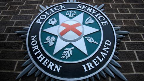 The PSNI emblem on a brick wall. It includes a harp, scales, a troch, a leaf, a shamrock, and a crown.