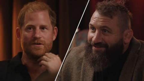 A split of Price Harry and Joe Marler in the studio
