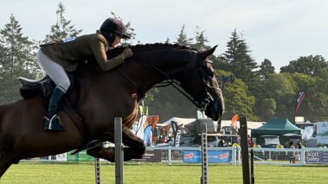 A horse going over a jump with a jockey on. In the background there are lots of food and shopping vendors.