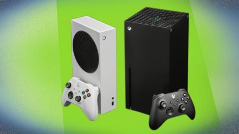 From left to right, the green Xbox logo, white Series S and black Series X consoles on a glowing slice grren and dark blue backdrop.
