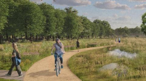 A drawing of a footpath, surrounded by grass and water with trees in the background and a number of people and a cyclist on the path