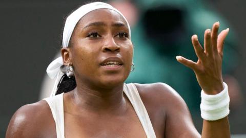 Coco Gauff remonstrates with the umpire during her Wimbledon defeat