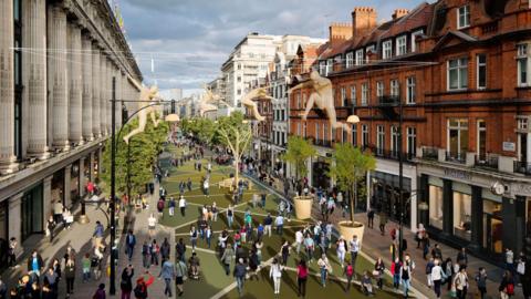 A CGI image showing an artist's impression of what a pedestrianised Oxford Street would look like, with a green coloured walkway, large trees and hanging artwork overhead