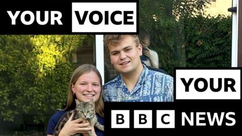 Ollie and Grace holding a cat with the words Your Voice Your BBC News