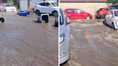 Two screenshotted images of flooding on a residential street. One photo shows bins being washed down the street, while another shows gushing water up to the wheel level of several cars.