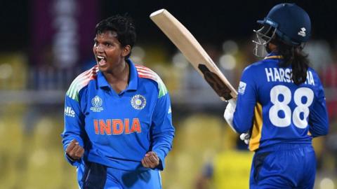 India's Deepti Sharma celebrates the wicket of Sri Lanka's Harshitha Samarawickrama